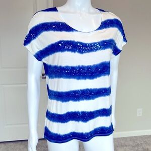 Coldwater Creek Blue and White Short Sleeve Sequin Tee